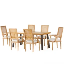 7pc Chatau Farmhouse Fabric Upholstered Wood And Cane Dining Set - Christopher Knight Home -Furniture Haven Sales GUEST 7583eeb0 54f9 4b3b a8bc e7d6098bf326