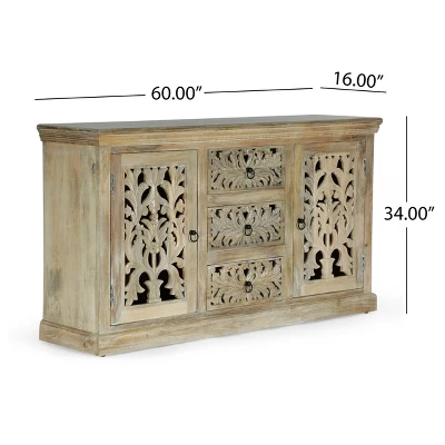 Horeb Boho Handcrafted Mango Wood 3 Drawer Sideboard Antique White - Christopher Knight Home 11 Horeb Boho Handcrafted Mango Wood 3 Drawer Sideboard Antique White - Christopher Knight Home - Image 9