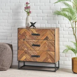 Burdine Handcrafted Boho Wood 3 Drawer Cabinet Natural/Black - Christopher Knight Home