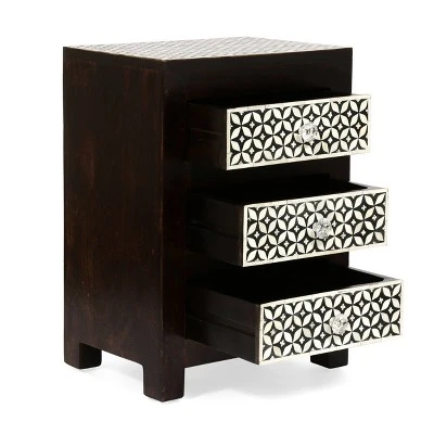 Benewah Handcrafted Boho 3 Drawer Mango Wood Nightstand Dark Walnut/Black/White - Christopher Knight Home 4 Benewah Handcrafted Boho 3 Drawer Mango Wood Nightstand Dark Walnut/Black/White - Christopher Knight Home - Image 2