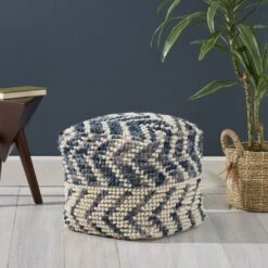 Freesia Boho Wool And Cotton Large Ottoman Pouf White/Blue - Christopher Knight Home -Furniture Haven Sales GUEST ad5f58d1 b1aa 49c3 bb7b 9ea0b1f9f310