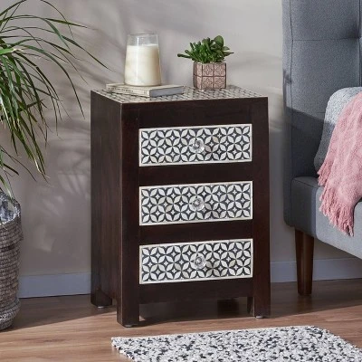 Benewah Handcrafted Boho 3 Drawer Mango Wood Nightstand Dark Walnut/Black/White - Christopher Knight Home 3 Benewah Handcrafted Boho 3 Drawer Mango Wood Nightstand Dark Walnut/Black/White - Christopher Knight Home