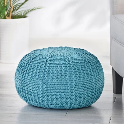 Hortense Modern Knitted Cotton Round Pouf - Christopher Knight Home 3 Hortense Modern Knitted Cotton Round Pouf - Christopher Knight Home