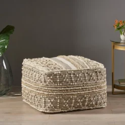 Bonita Large Contemporary Wool And Cotton Pouf Ottoman White/Beige - Christopher Knight Home -Furniture Haven Sales GUEST cac524e0 2c9e 4938 8158 bc3a0456d820