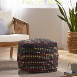 Cube Madrid Boho Handcrafted Fabric Pouf Black - Christopher Knight Home
